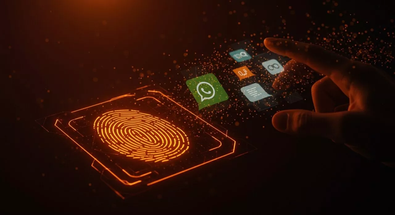 Ilustrasi tangan seseorang yang mencoba mengakses ikon WhatsApp yang melayang, sementara pemindai sidik jari digital berwarna oranye terbakar di latar belakang, melambangkan serangan Spyware Morpheus.