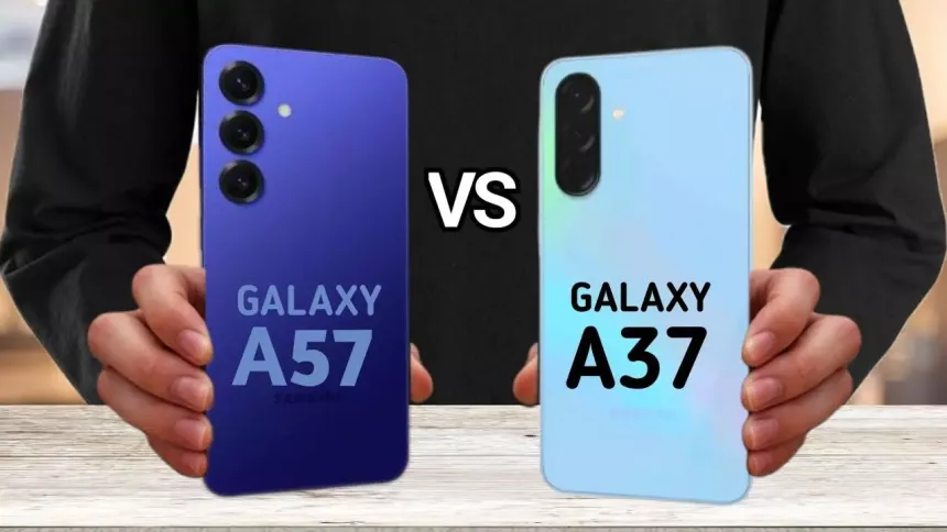 Perbandingan desain bodi belakang Samsung Galaxy A57 berwarna biru tua dengan tiga kamera dan Samsung Galaxy A37 berwarna biru muda dengan modul kamera vertikal yang dipegang oleh tangan. Menampilkan perbandingan fisik Samsung A37 vs A57.