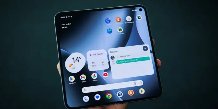 Tampilan layar Galaxy Z Fold Wide yang sedang dibuka menampilkan antarmuka Android terbaru yang luas.