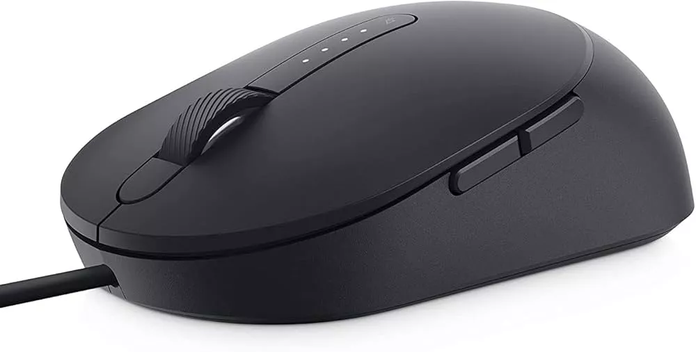 Tampak atas Dell Pro 5 Wired Mouse berwarna hitam dengan sensor sidik jari terintegrasi pada scroll wheel.