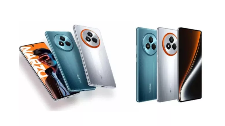 Koleksi lengkap smartphone Realme Narzo 100 Lite 5G yang memperlihatkan sisi depan layar dan bodi belakang.