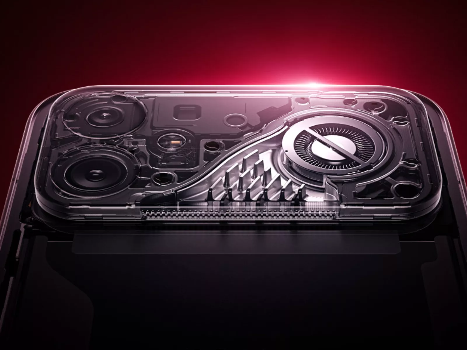 Detail teknologi pendingin revolusioner pada Redmi K90 Max dengan pencahayaan merah futuristik.