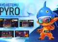 Karakter Pyro Free Fire dengan topi hiu biru dan kacamata selam, fitur login streak dan evolusi Pyro.