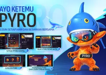 Karakter Pyro Free Fire dengan topi hiu biru dan kacamata selam, fitur login streak dan evolusi Pyro.