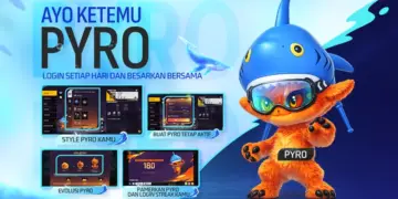 Karakter Pyro Free Fire dengan topi hiu biru dan kacamata selam, fitur login streak dan evolusi Pyro.