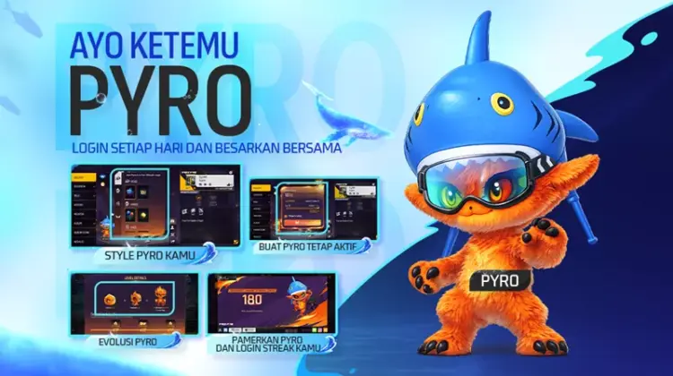 Karakter Pyro Free Fire dengan topi hiu biru dan kacamata selam, fitur login streak dan evolusi Pyro.
