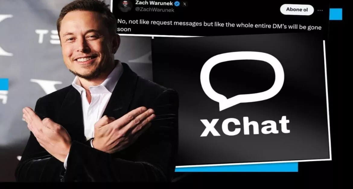 Elon Musk berpose di depan bocoran logo XChat dan tangkapan layar diskusi tentang hilangnya DM tradisional.