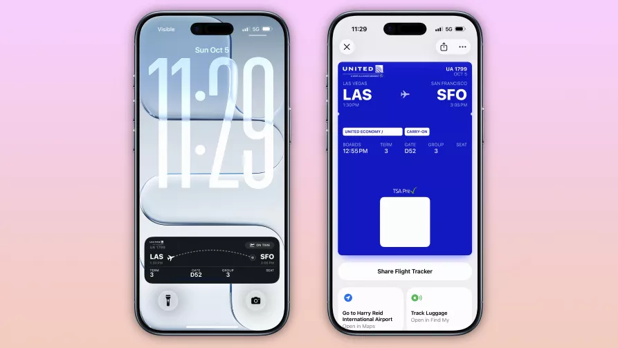Lock Screen iPhone di iOS 26 menampilkan widget Live Activities untuk penerbangan United Airlines dan tampilan Boarding Pass digital yang bersih.