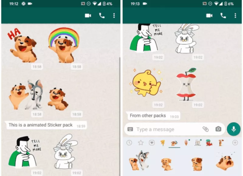 Tampilan layar aplikasi WhatsApp yang menunjukkan percakapan dengan berbagai paket stiker animasi.