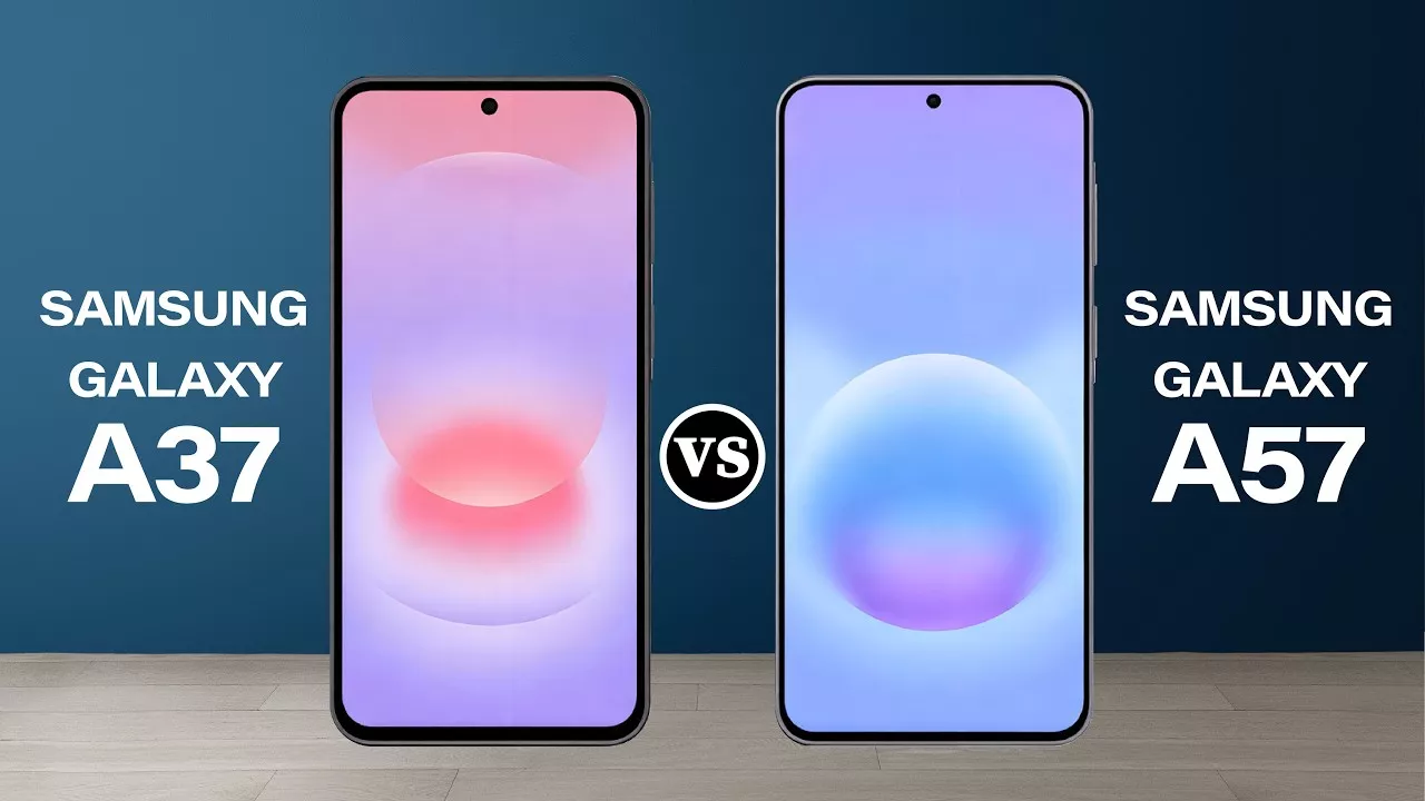 Perbandingan layar depan Samsung Galaxy A37 dan Samsung Galaxy A57 dengan desain punch-hole kamera tengah dan bezel tipis. Visual perbandingan layar untuk membantu memilih Samsung A37 vs A57.