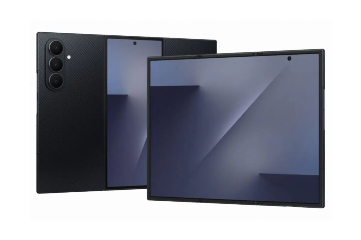 Perbandingan desain layar Galaxy Z Fold Wide dalam posisi tertutup dan terbuka penuh dengan bodi tipis.