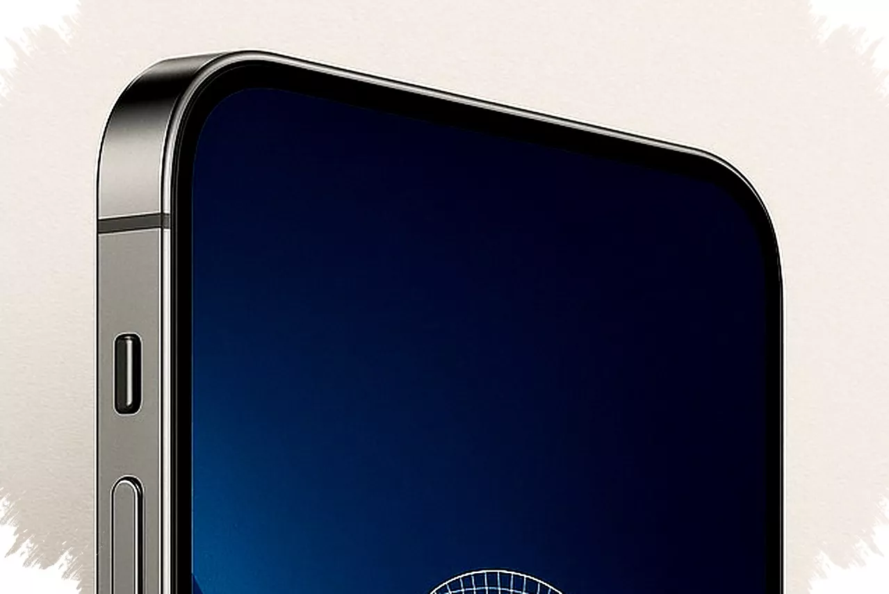 Detail close-up sudut atas bodi iPhone 18 Pro, memperlihatkan Tombol Tindakan (Action Button) dan tombol volume di atas bingkai logam metalik.