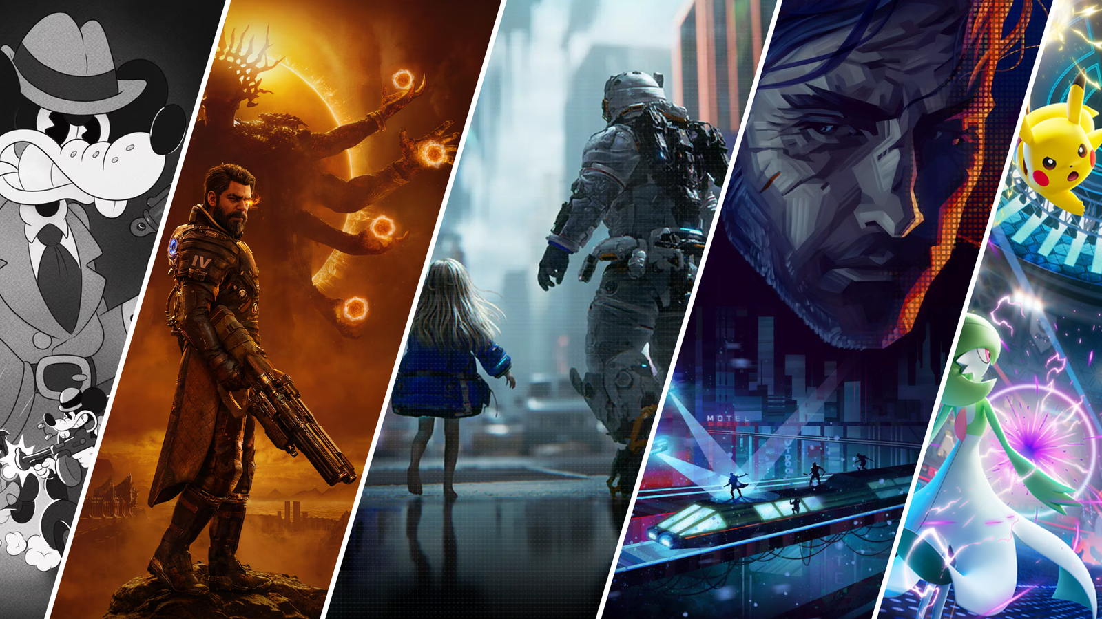 Banner vertikal menampilkan karakter game berbeda mulai dari gaya kartun klasik, prajurit sci-fi, hingga monster fantasi.