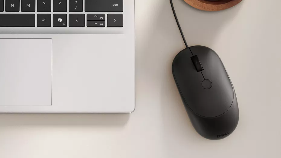 Tampak samping Dell Pro 5 Wireless Mouse dengan tombol samping dan sensor sidik jari terintegrasi.