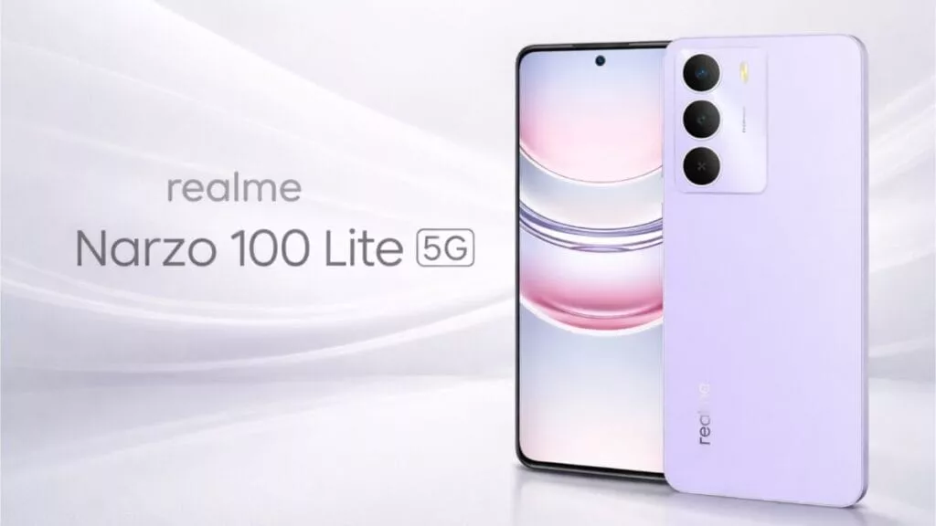 Poster promosi Realme Narzo 100 Lite 5G berwarna ungu pastel dengan latar belakang abstrak putih elegan.