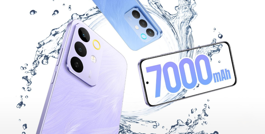 Beberapa unit smartphone modern berwarna ungu dan biru dengan tulisan 7000 mAh dan efek percikan air.