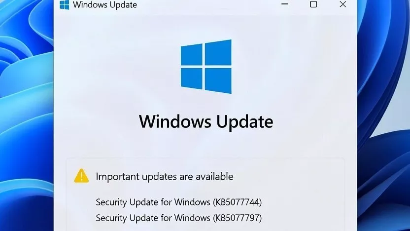 Jendela pop-up peringatan bertuliskan Important updates are available untuk Security Update Windows KB5077744 dan KB5077797.