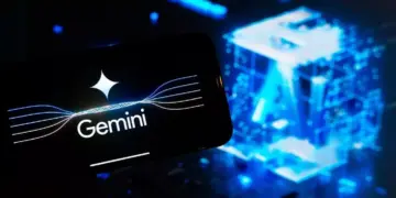 Visualisasi futuristik Teknologi AI Gemini pada smartphone sebagai sistem keamanan data.