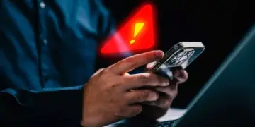 Seseorang memegang smartphone di depan laptop dengan simbol peringatan segitiga merah bercahaya dan tanda seru kuning besar yang melayang di atasnya, melambangkan peringatan infeksi Spyware Morpheus.