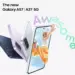Poster promosi resmi "The new Galaxy A57 | A37 5G" menampilkan berbagai varian warna seperti hitam, ungu, dan putih dengan teks "Awesome" berwarna warni di latar belakang putih.