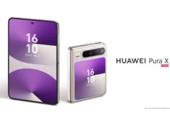Render resmi Huawei Pura X dengan layar lipat vertikal dan layar sekunder ungu.