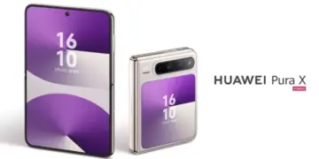 Render resmi Huawei Pura X dengan layar lipat vertikal dan layar sekunder ungu.