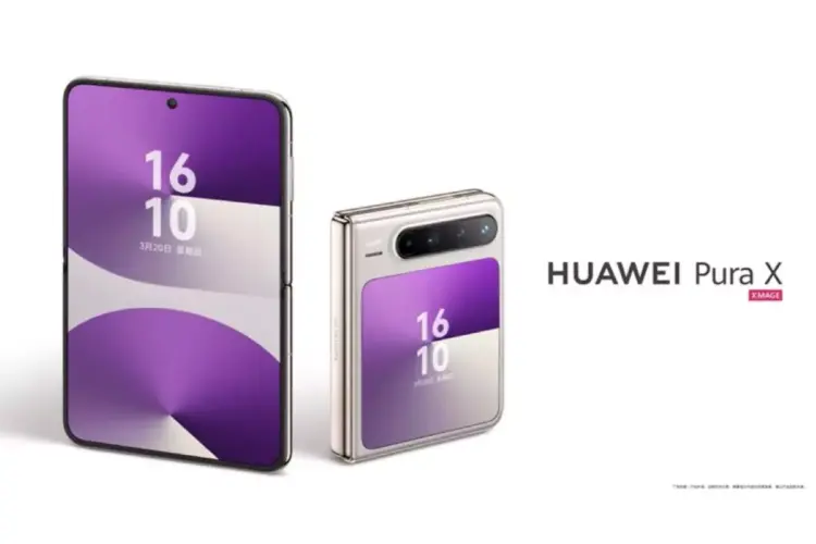Render resmi Huawei Pura X dengan layar lipat vertikal dan layar sekunder ungu.