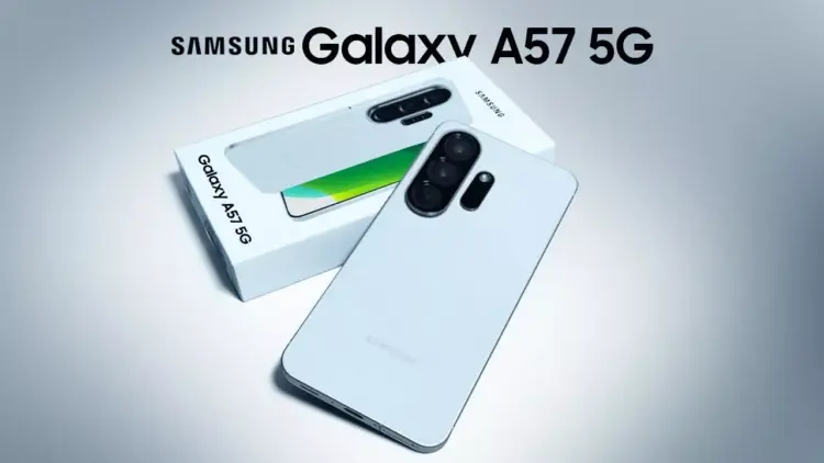 Penampakan unit dan kotak penjualan Samsung Galaxy A57 5G berwarna putih dengan modul kamera tiga lensa yang futuristik.