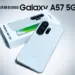 Penampakan unit dan kotak penjualan Samsung Galaxy A57 5G berwarna putih dengan modul kamera tiga lensa yang futuristik.