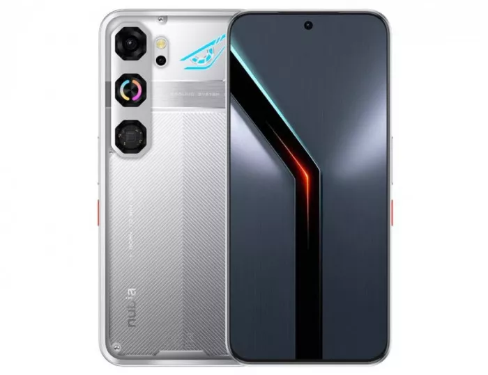 Tampilan depan dan belakang Nubia Neo 5 Pro warna perak dengan desain bodi futuristik ala mecha gaming.
