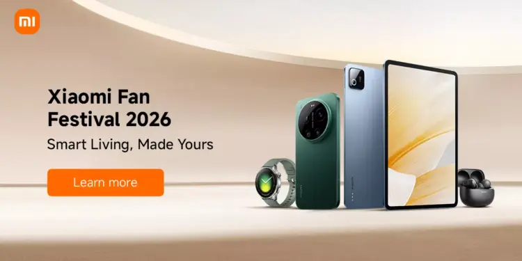 Banner utama Xiaomi Fan Festival 2026 menampilkan jajaran produk ekosistem pintar seperti smartphone Xiaomi 14 Ultra, tablet, smartwatch, dan earbuds.