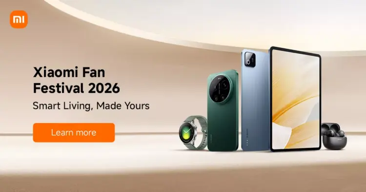 Banner utama Xiaomi Fan Festival 2026 menampilkan jajaran produk ekosistem pintar seperti smartphone Xiaomi 14 Ultra, tablet, smartwatch, dan earbuds.