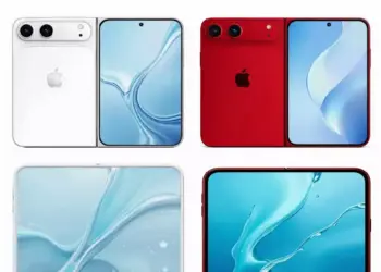 Render desain iPhone Fold dengan mekanisme lipat horizontal dalam varian warna putih dan merah.