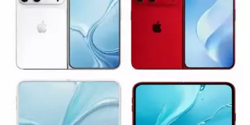 Render desain iPhone Fold dengan mekanisme lipat horizontal dalam varian warna putih dan merah.
