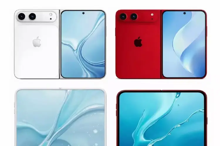 Render desain iPhone Fold dengan mekanisme lipat horizontal dalam varian warna putih dan merah.