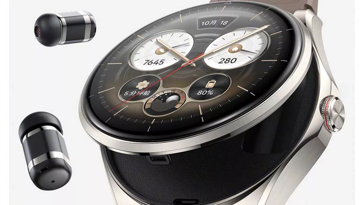 Desain futuristik Huawei Watch Buds 2 yang menampilkan smartwatch dengan integrasi earbuds di dalamnya.
