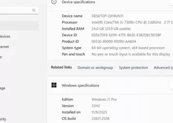 Tampilan layar pengaturan spesifikasi perangkat yang menunjukkan detail sistem Windows 11 Pro.