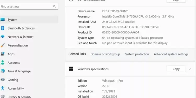 Tampilan layar pengaturan spesifikasi perangkat yang menunjukkan detail sistem Windows 11 Pro.