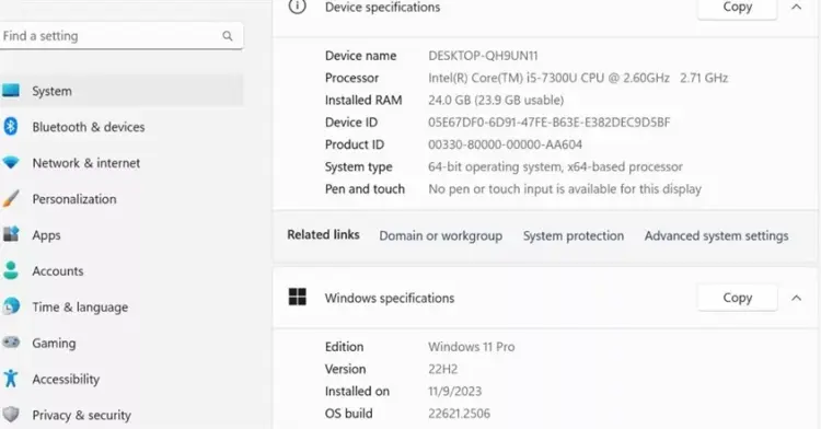 Tampilan layar pengaturan spesifikasi perangkat yang menunjukkan detail sistem Windows 11 Pro.