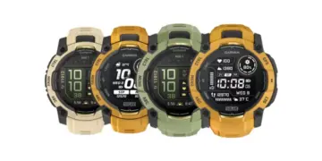Deretan empat varian warna terbaru Garmin Instinct 3 Solar, termasuk warna krem, jingga, hijau olive, dan kuning cerah.