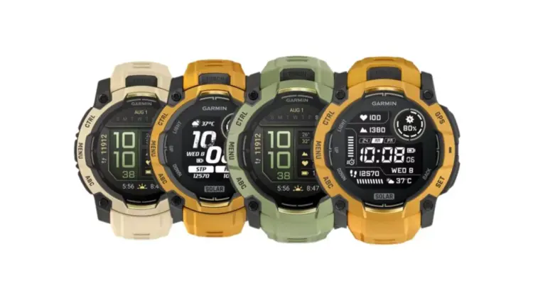 Deretan empat varian warna terbaru Garmin Instinct 3 Solar, termasuk warna krem, jingga, hijau olive, dan kuning cerah.