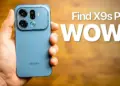 Genggaman tangan pada unit OPPO Find X9s Pro warna biru dengan teks Find X9s Pro WOW.