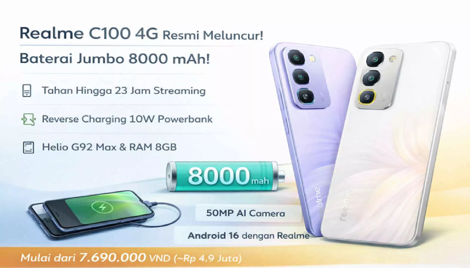 Infografis spesifikasi realme C100 4G dengan baterai 8000 mAh, chipset Helio G92 Max, dan kamera AI 50MP.