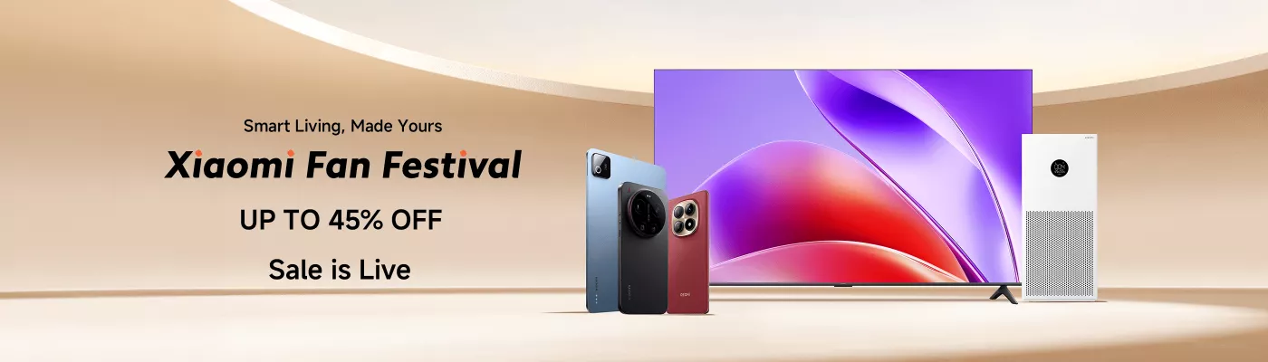 Poster diskon Xiaomi Fan Festival 2026 dengan penawaran harga hingga 45 persen untuk smartphone, smart TV, dan air purifier.