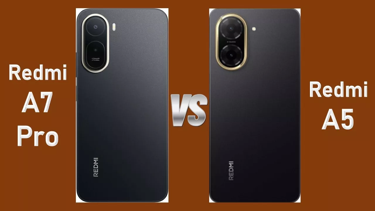 Head-to-head Redmi A7 Pro dan Redmi A5 dengan latar belakang cokelat dan logo VS di tengah.