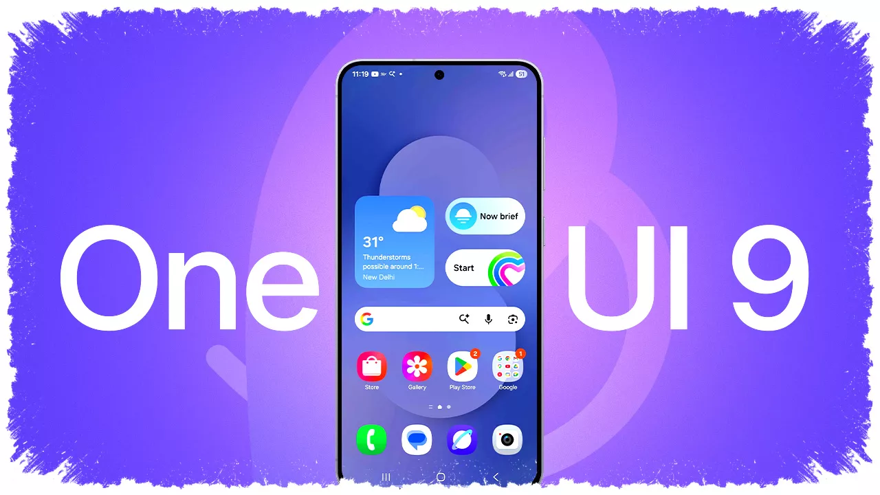 Tampilan desain antarmuka One UI 9 pada layar smartphone Samsung dengan latar belakang ungu yang modern.