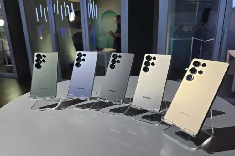 Lima unit smartphone Samsung Galaxy S24 Ultra dalam berbagai pilihan warna titanium dipajang di atas meja pajangan toko resmi. Menunjukkan kesiapan stok Samsung dalam menguasai pasar Q1 2026.