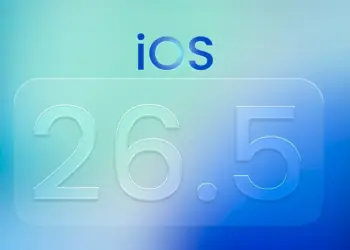 Wallpaper bertuliskan iOS 26.5 dengan nuansa warna biru dan hijau toska yang futuristik.