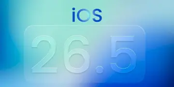 Wallpaper bertuliskan iOS 26.5 dengan nuansa warna biru dan hijau toska yang futuristik.