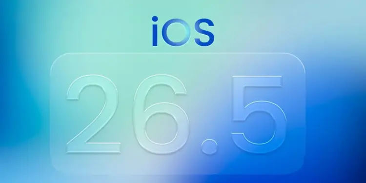 Wallpaper bertuliskan iOS 26.5 dengan nuansa warna biru dan hijau toska yang futuristik.